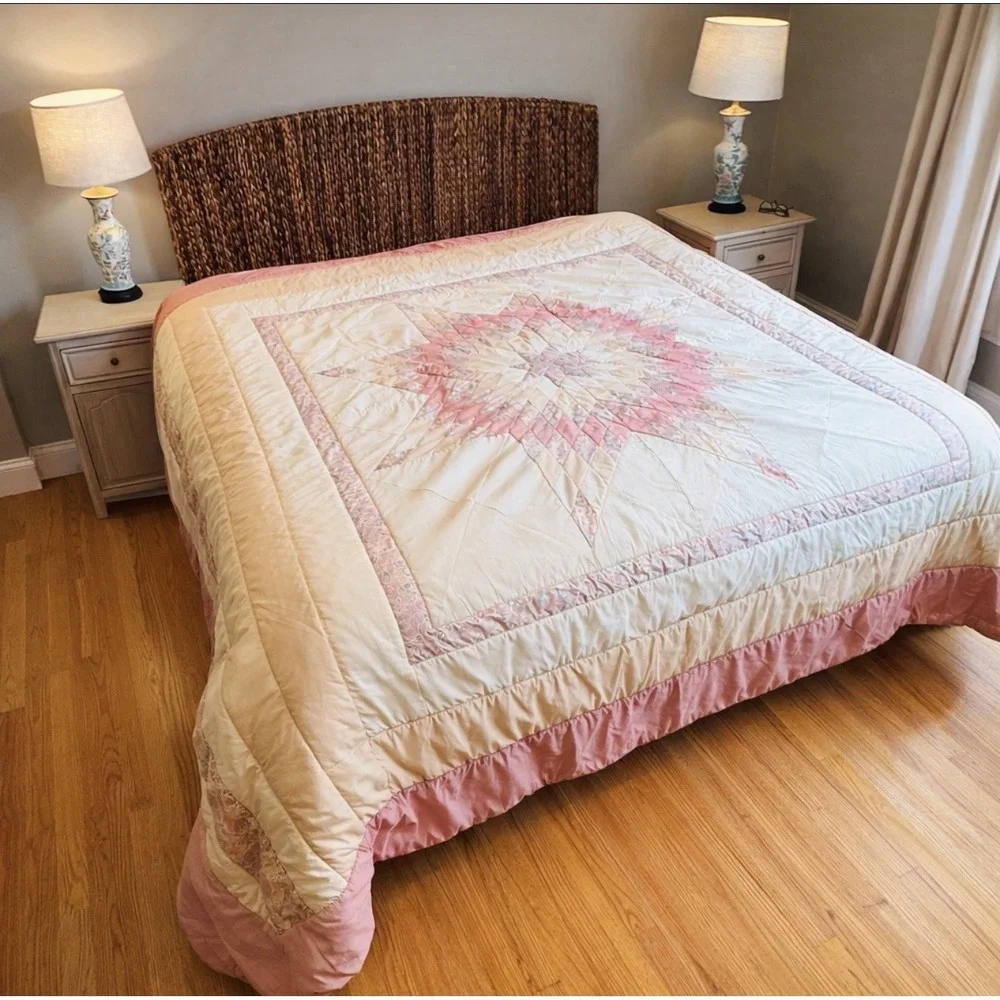 Handmade Vintage Pink White Star‎ Quilt Blanket Thick 110x96